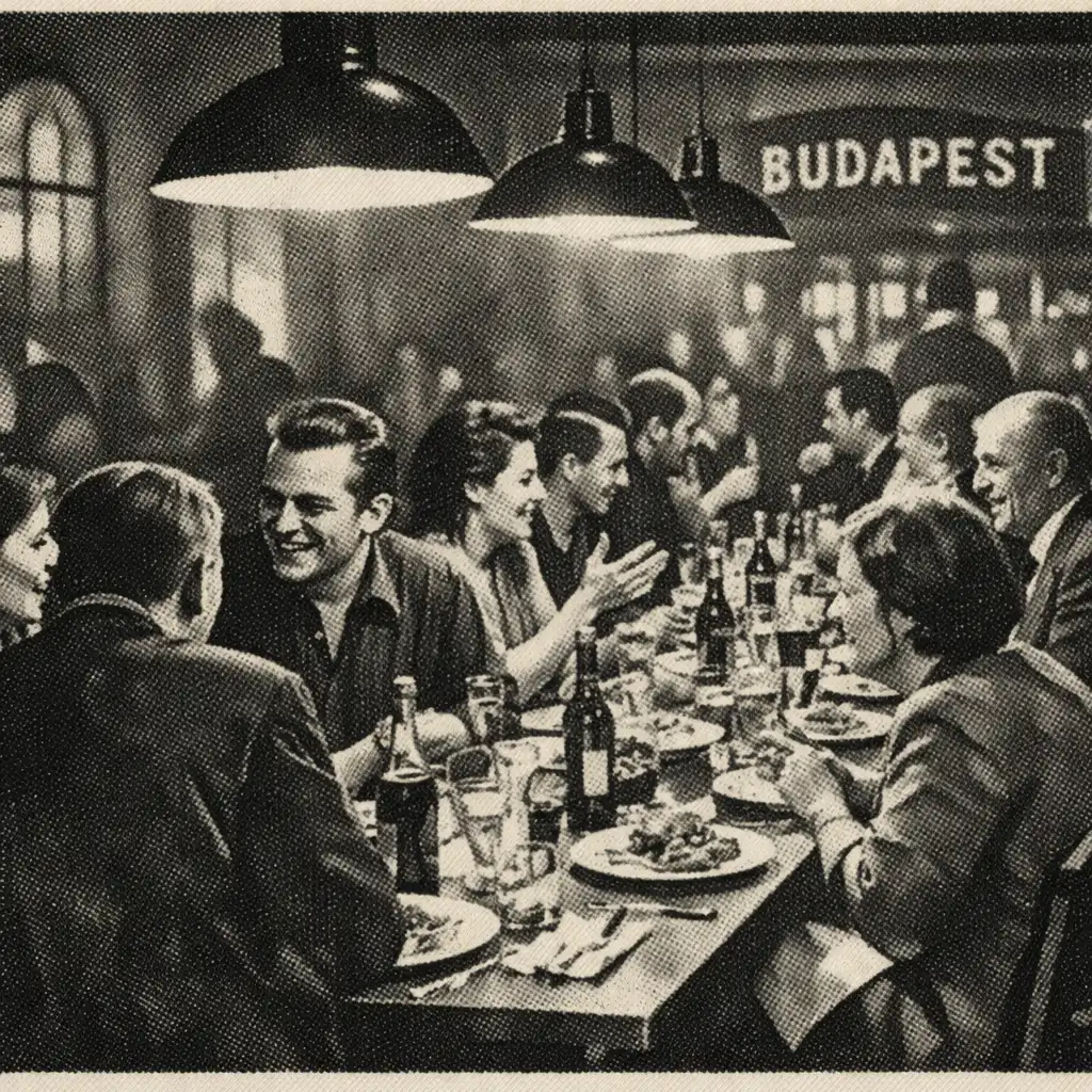Nagy közösségi vacsora hosszú asztalnál